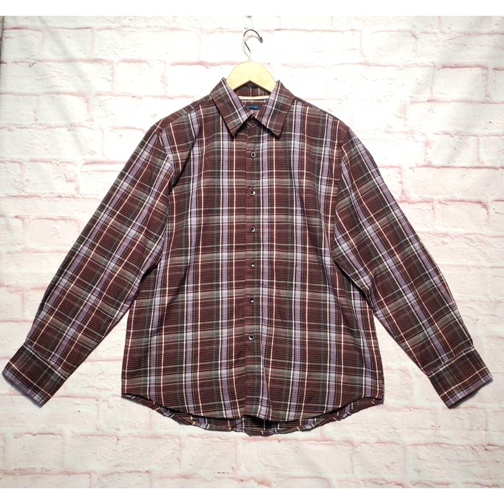 Bruno New York Shirt Mens Medium Burgundy Plaid Button‎ Up Long Sleeve Easy Care